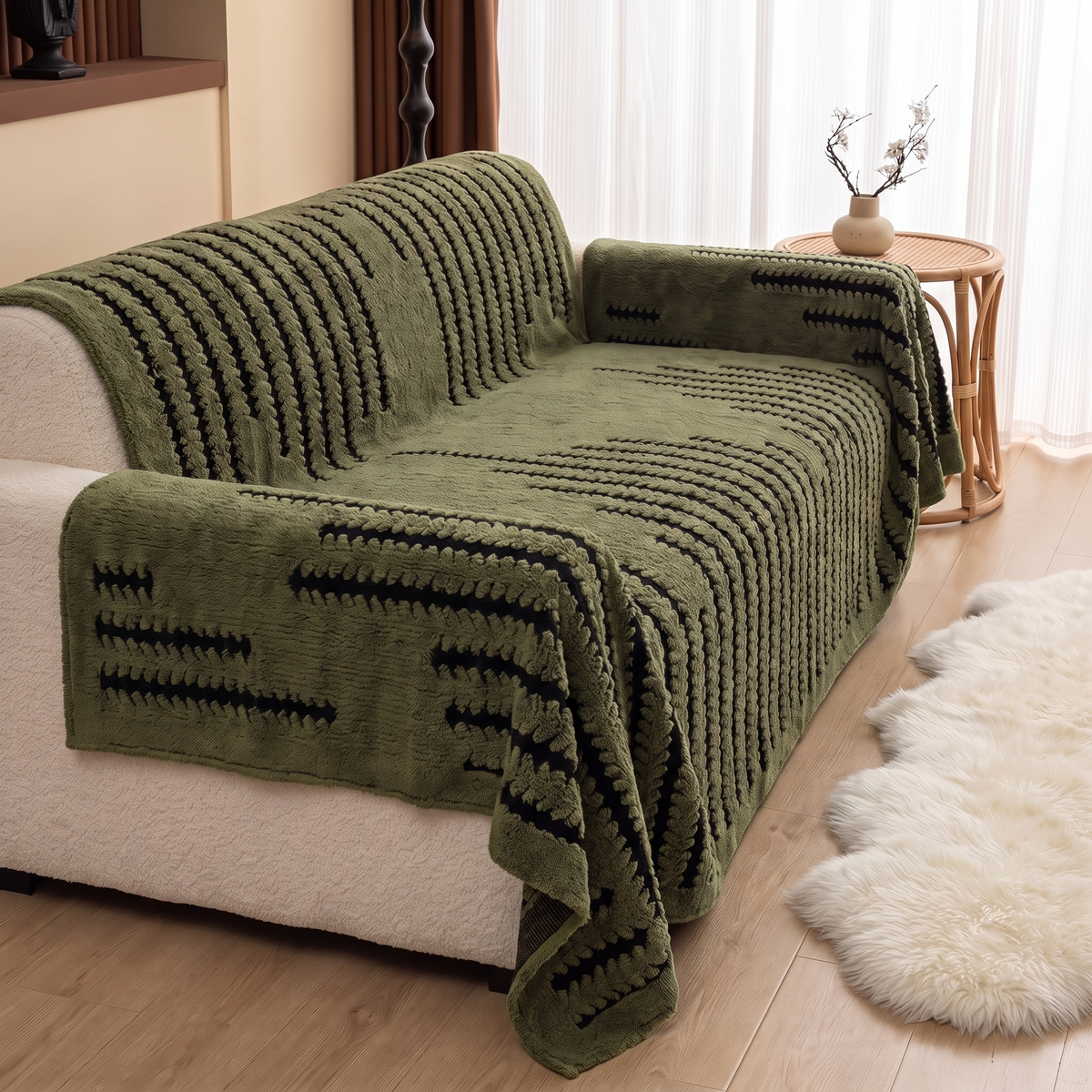 Heritage Plush Tufted Couch Cover – three-quarter view showing fit
