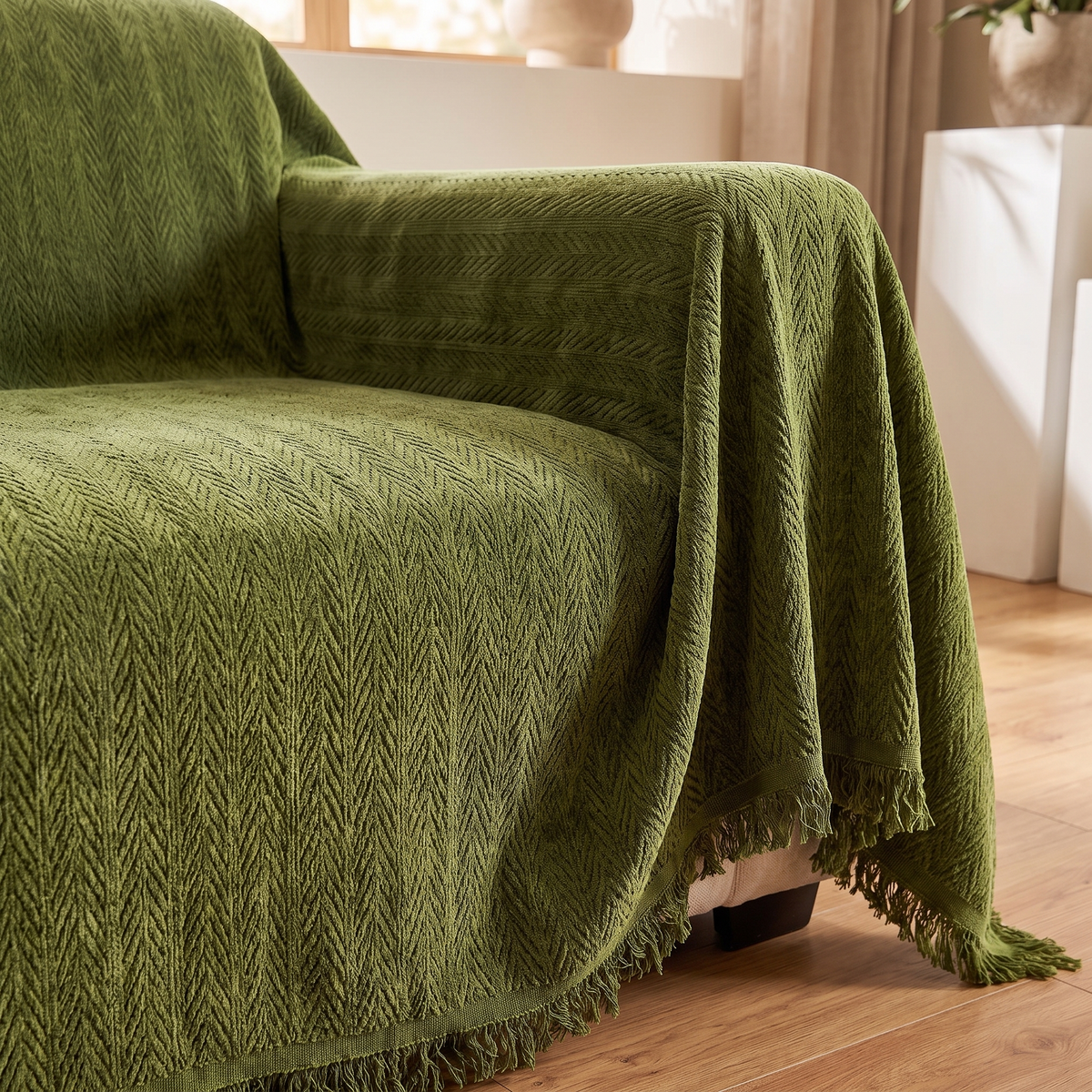 Herringbone Chenille Tassel Couch Cover – tucked edge detail