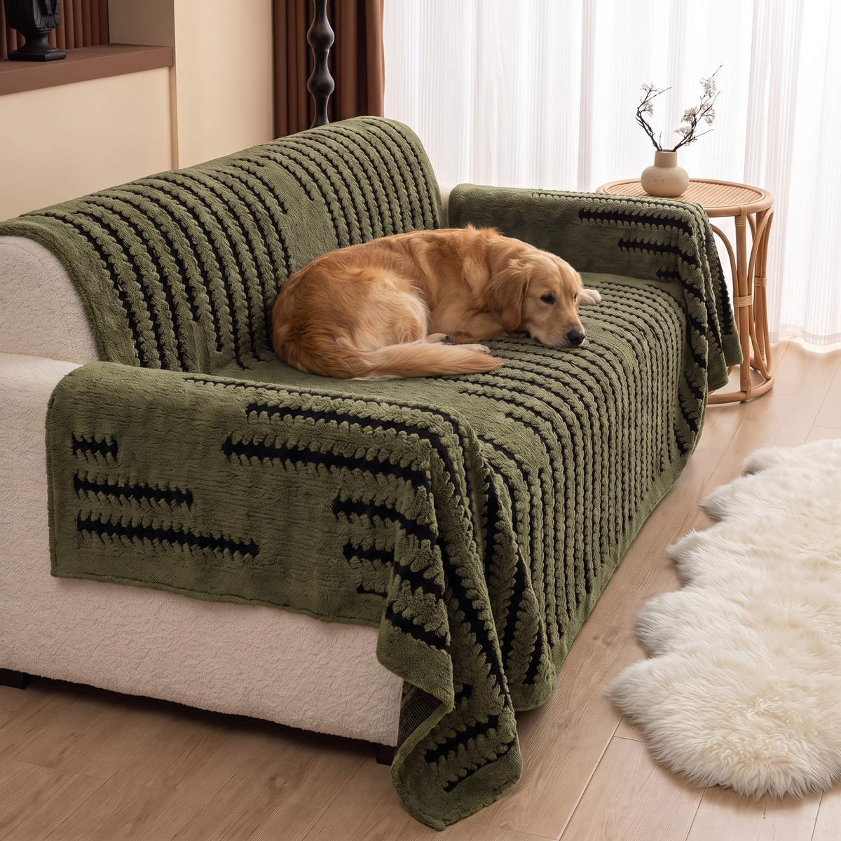 Heritage Plush Tufted Couch Cover – with a dog on the sofa