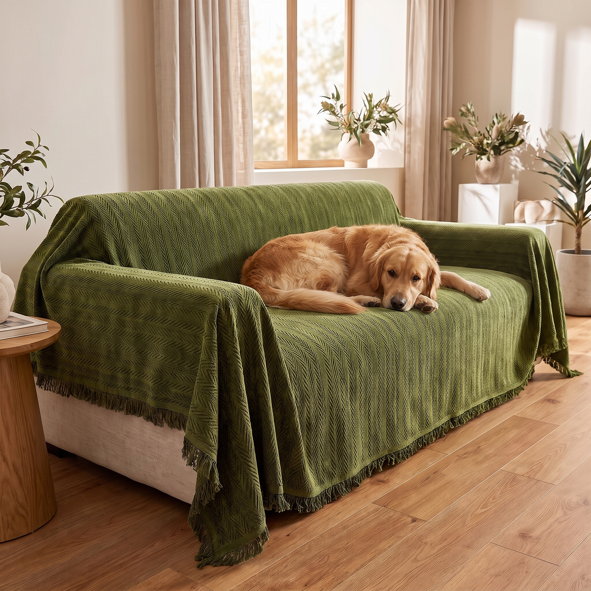 Herringbone Chenille Tassel Couch Cover – with a dog on the sofa
