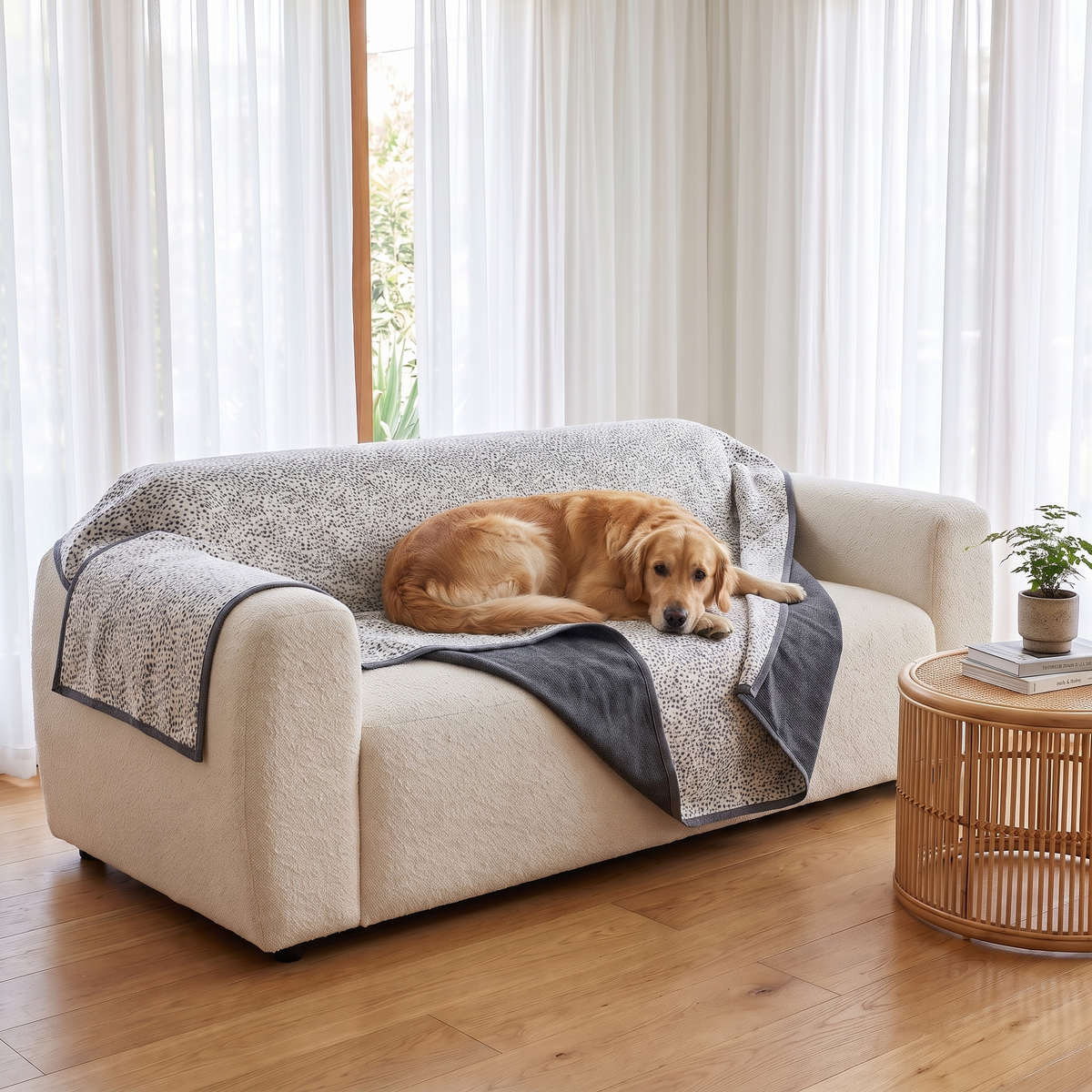 Nordic Speckle Reversible Couch Cover – with a dog on the sofa