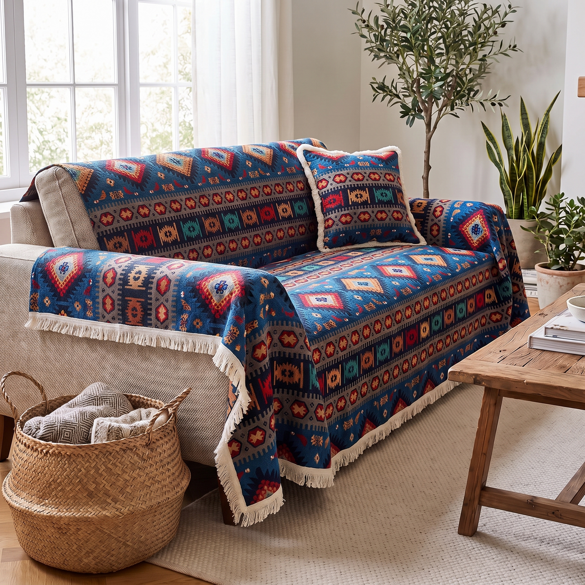 Nomad Boho Couch Cover – Tassel Trim – three-quarter view showing fit