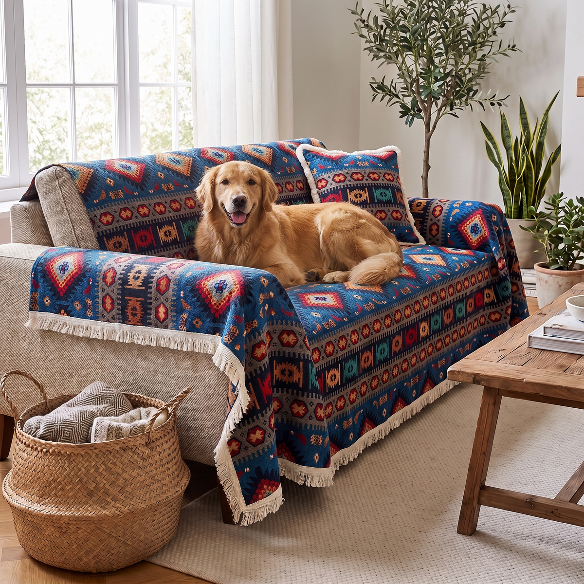 Nomad Boho Couch Cover – Tassel Trim – with a dog on the sofa