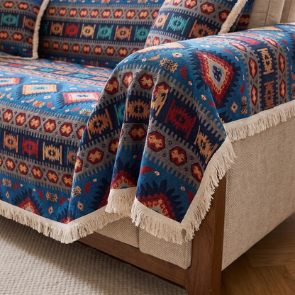 Nomad Boho Couch Cover – Tassel Trim – tucked edge detail