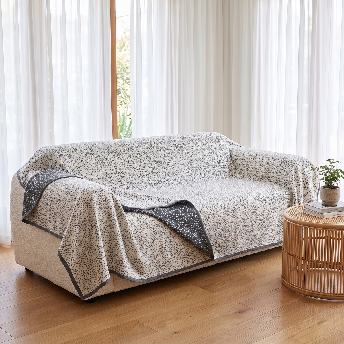 Nordic Speckle Reversible Couch Cover – three-quarter view showing fit