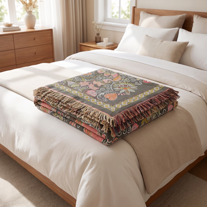 Leaf Print Boho Reversible Cotton Throw Blanket – folded on a bed