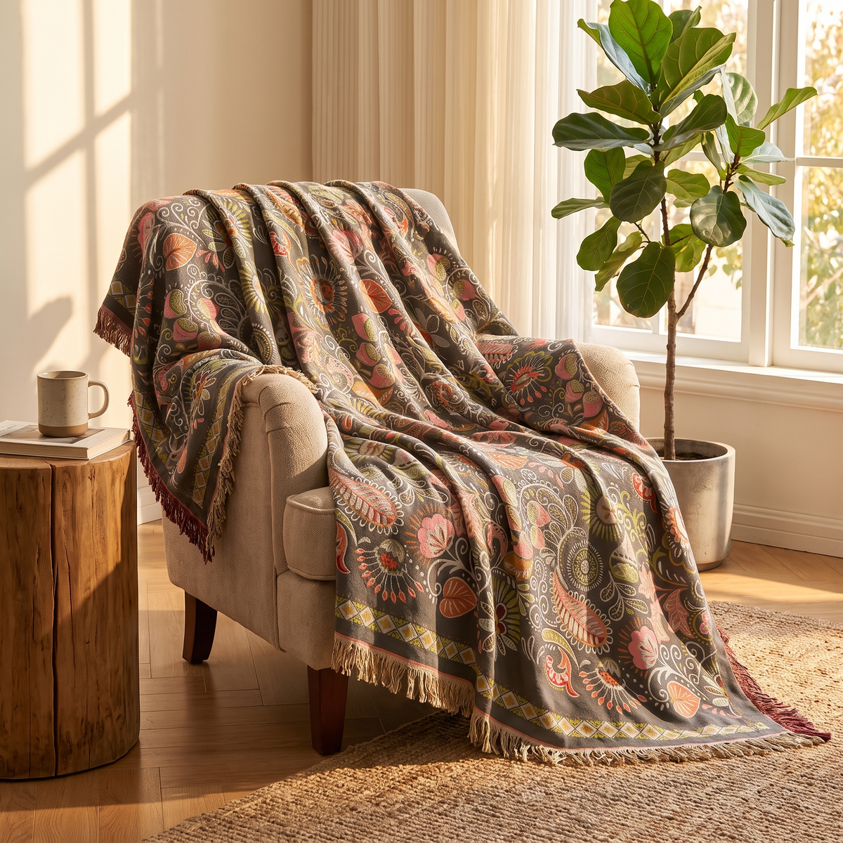 Leaf Print Boho Reversible Cotton Throw Blanket – draped over an armchair