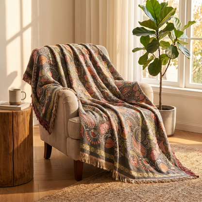 Leaf Print Boho Reversible Cotton Throw Blanket – draped over an armchair
