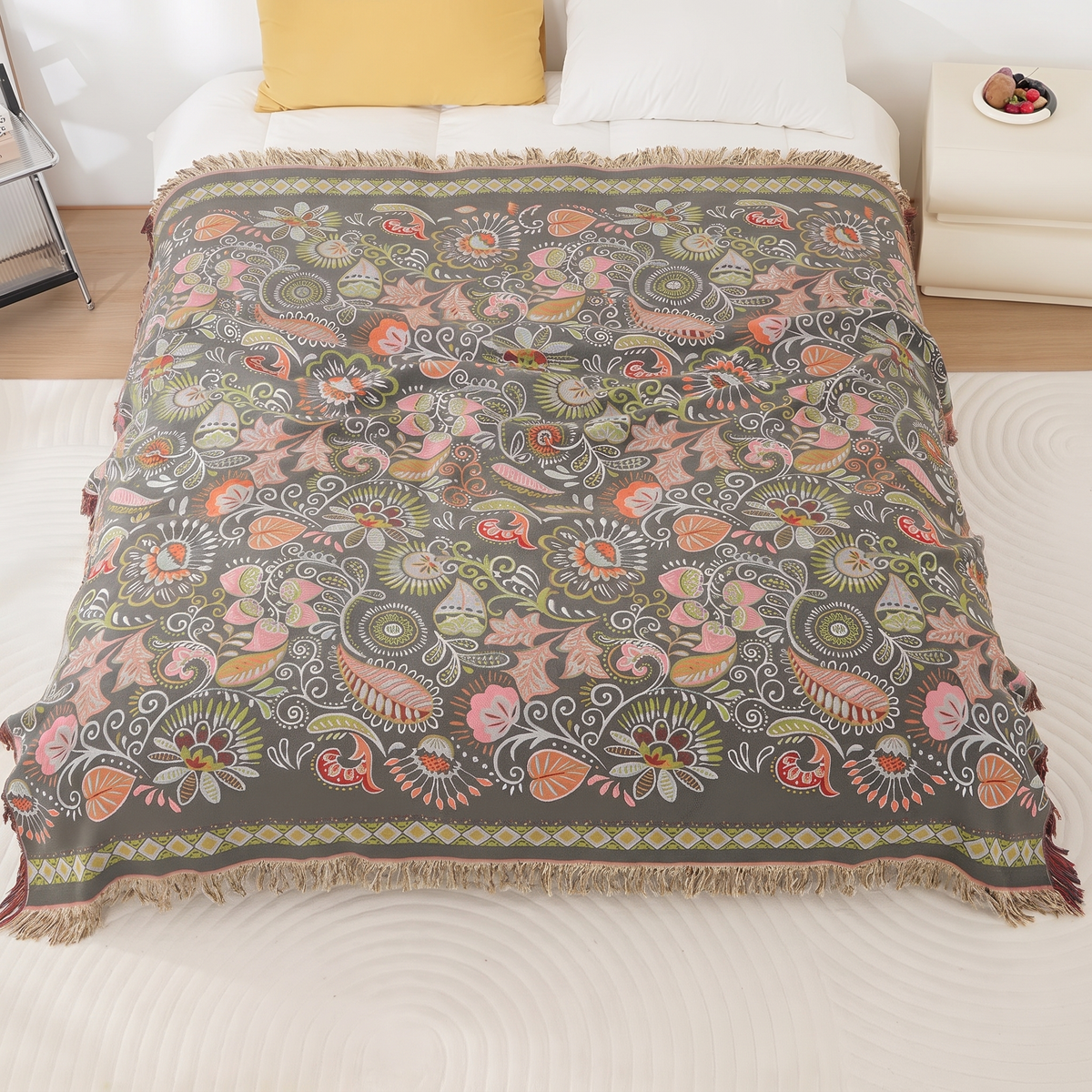 Leaf Print Boho Reversible Cotton Throw Blanket – full size laid flat