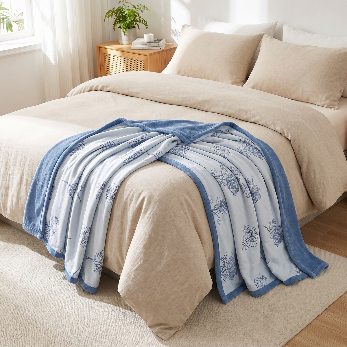 Serenity Rose Cotton Throw Blanket – folded on a bed