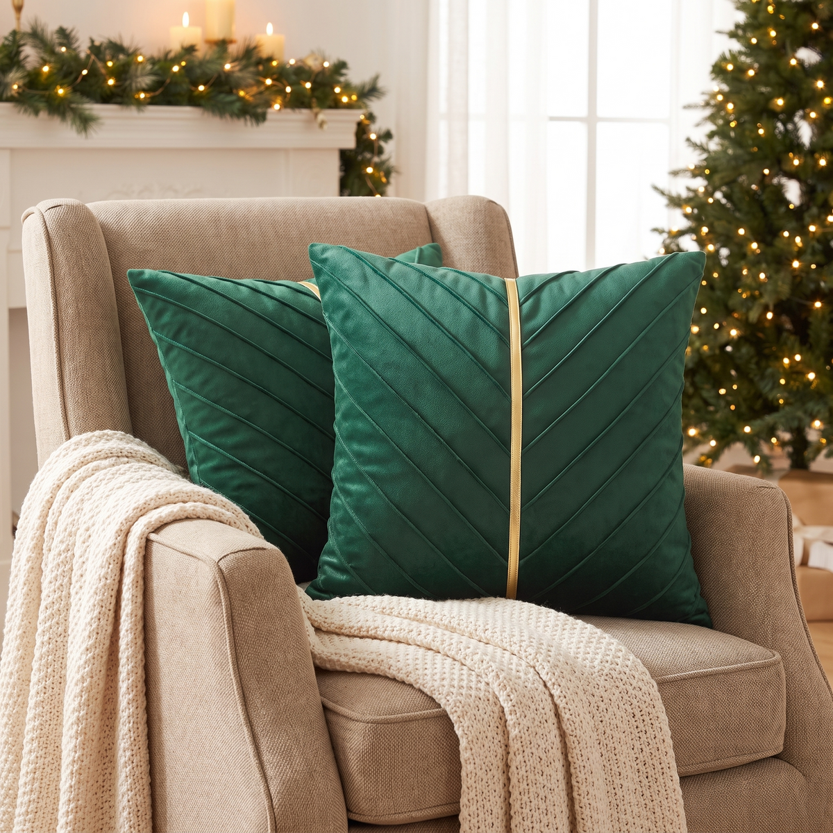 Velvet Christmas Cushion Cover – Forest Green & Gold – styled on an armchair