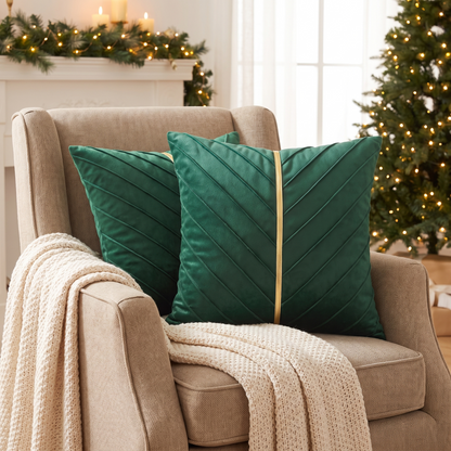 Velvet Christmas Cushion Cover – Forest Green & Gold – styled on an armchair
