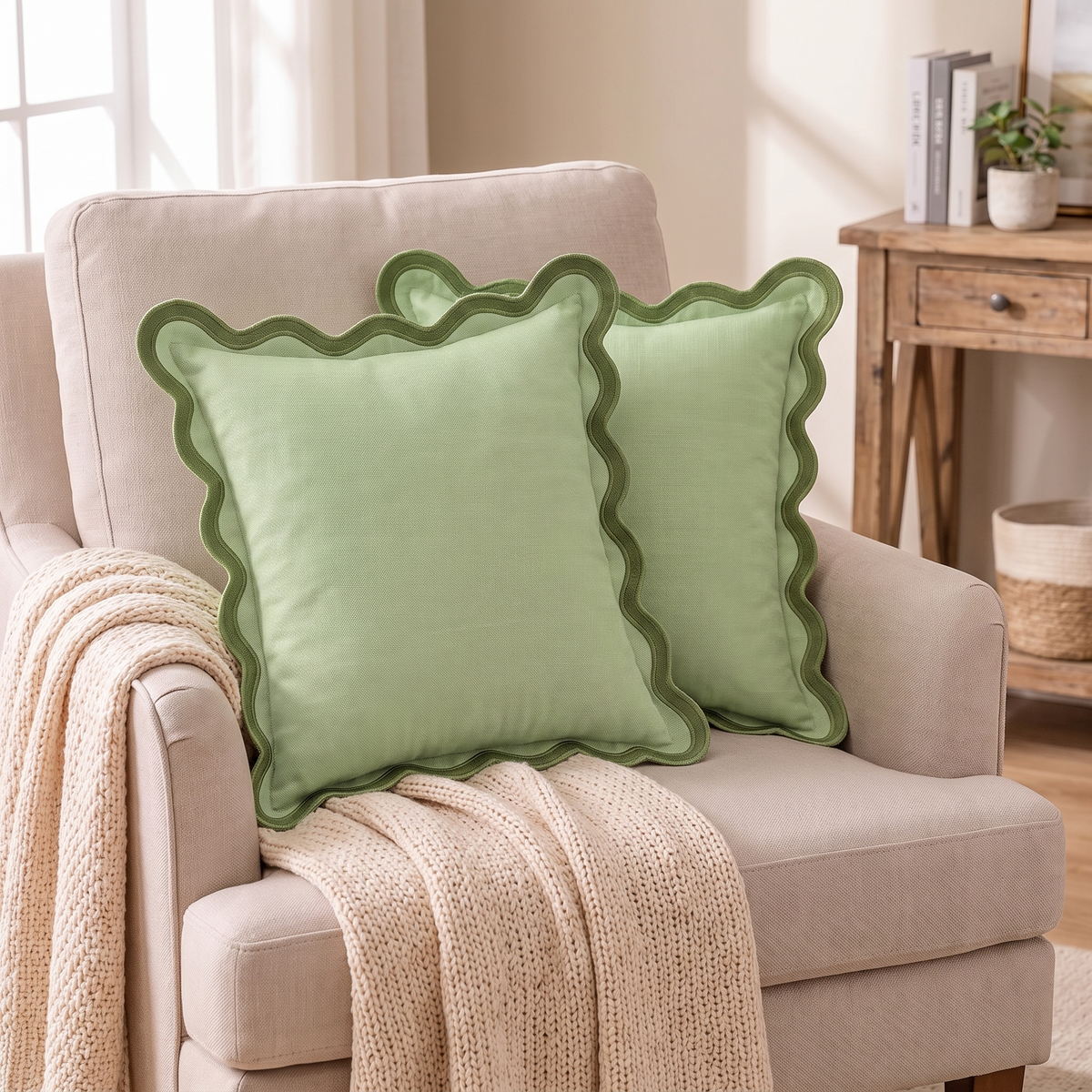 Boho Cotton Christmas Cushion Cover – Sage – styled on an armchair