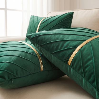 Velvet Christmas Cushion Cover – Forest Green & Gold – pattern and fabric close-up