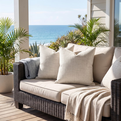 Waterproof Outdoor Cushion Cover – Beige – styled on a sofa