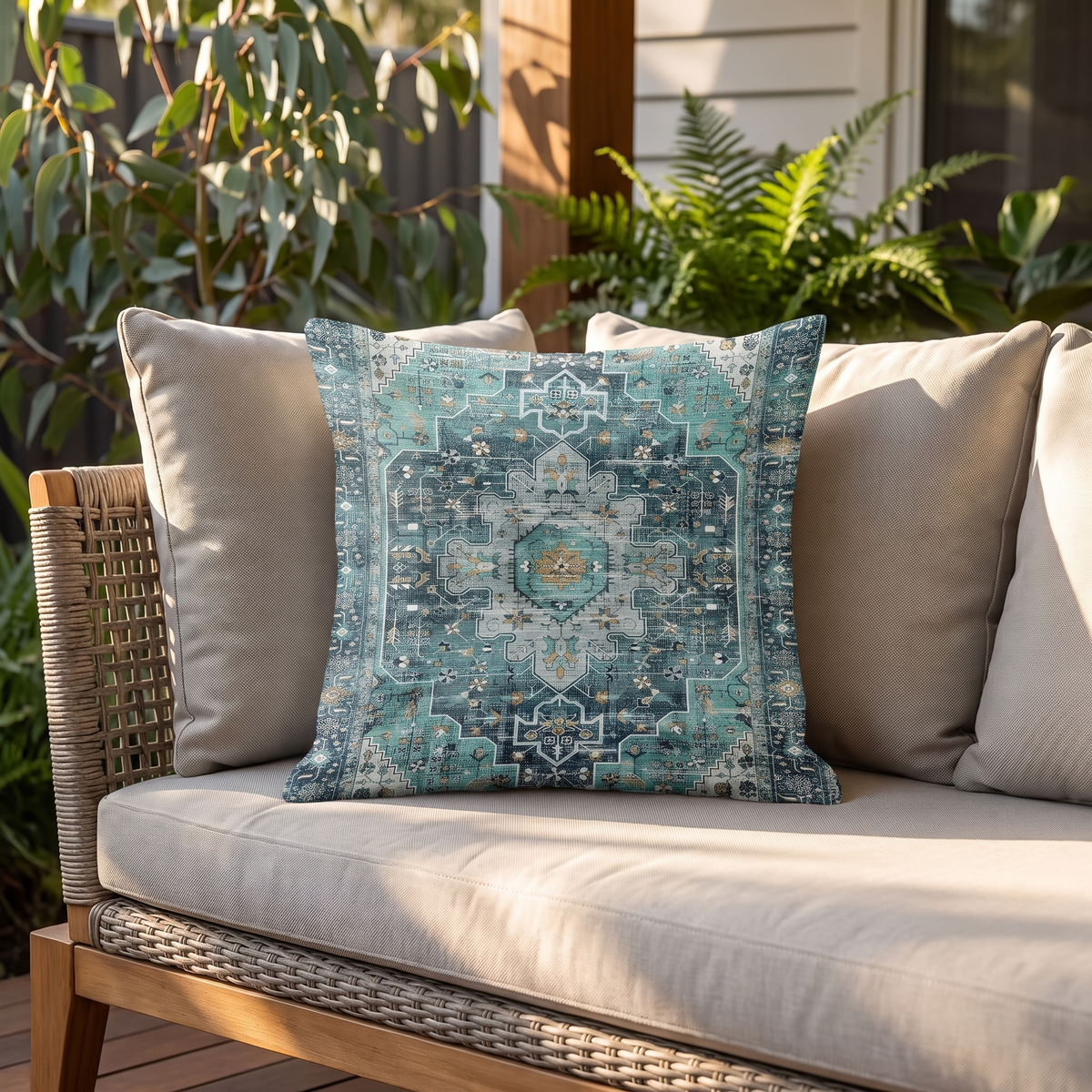 Boho Carpet Print Outdoor Cushion Cover – Cyan – styled on a sofa