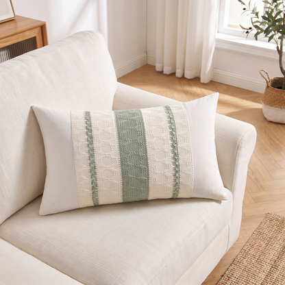 Boho Lumbar Cushion Cover – Sage Green – styled on a sofa