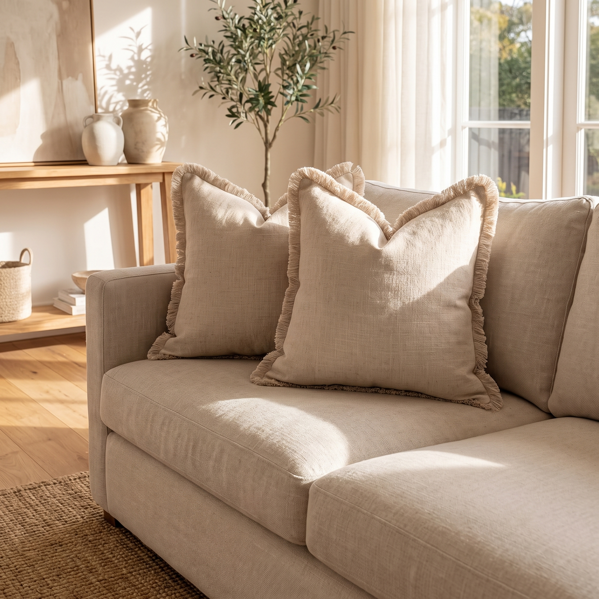 Linen Tassel Cushion Cover – Beige – styled on a sofa