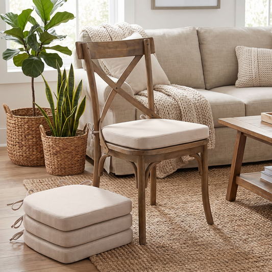 D-Shaped Dining Chair Seat Cushion with Ties – Beige – in use
