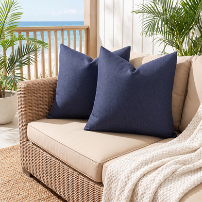 Waterproof Outdoor Cushion Cover – Navy – styled on a sofa
