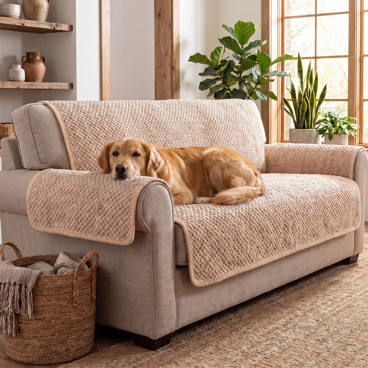 Pet-Proof Quilted Couch Cover – Textured – with a dog on the sofa