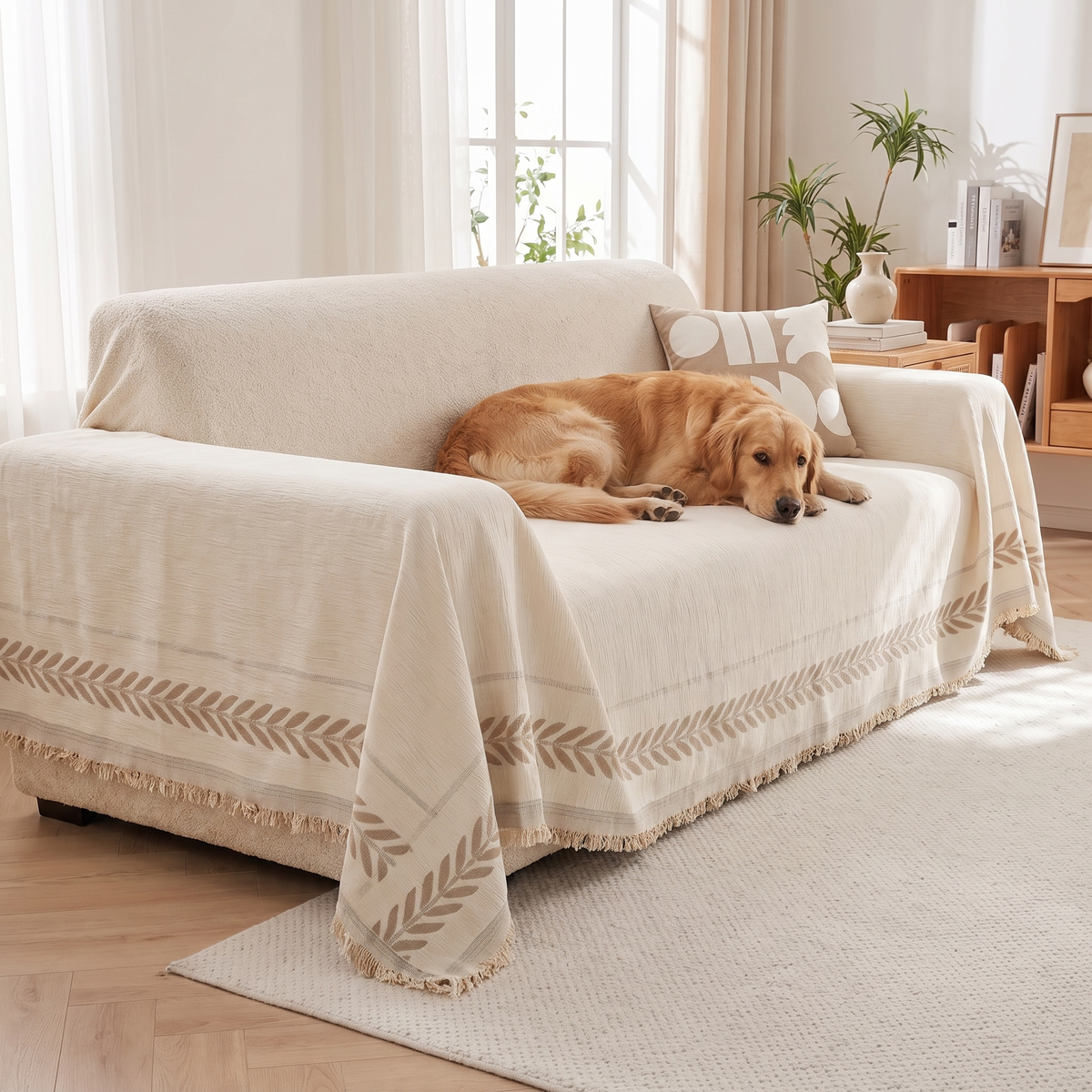 Serene Oasis Couch Cover – Soft Sage – with a dog on the sofa