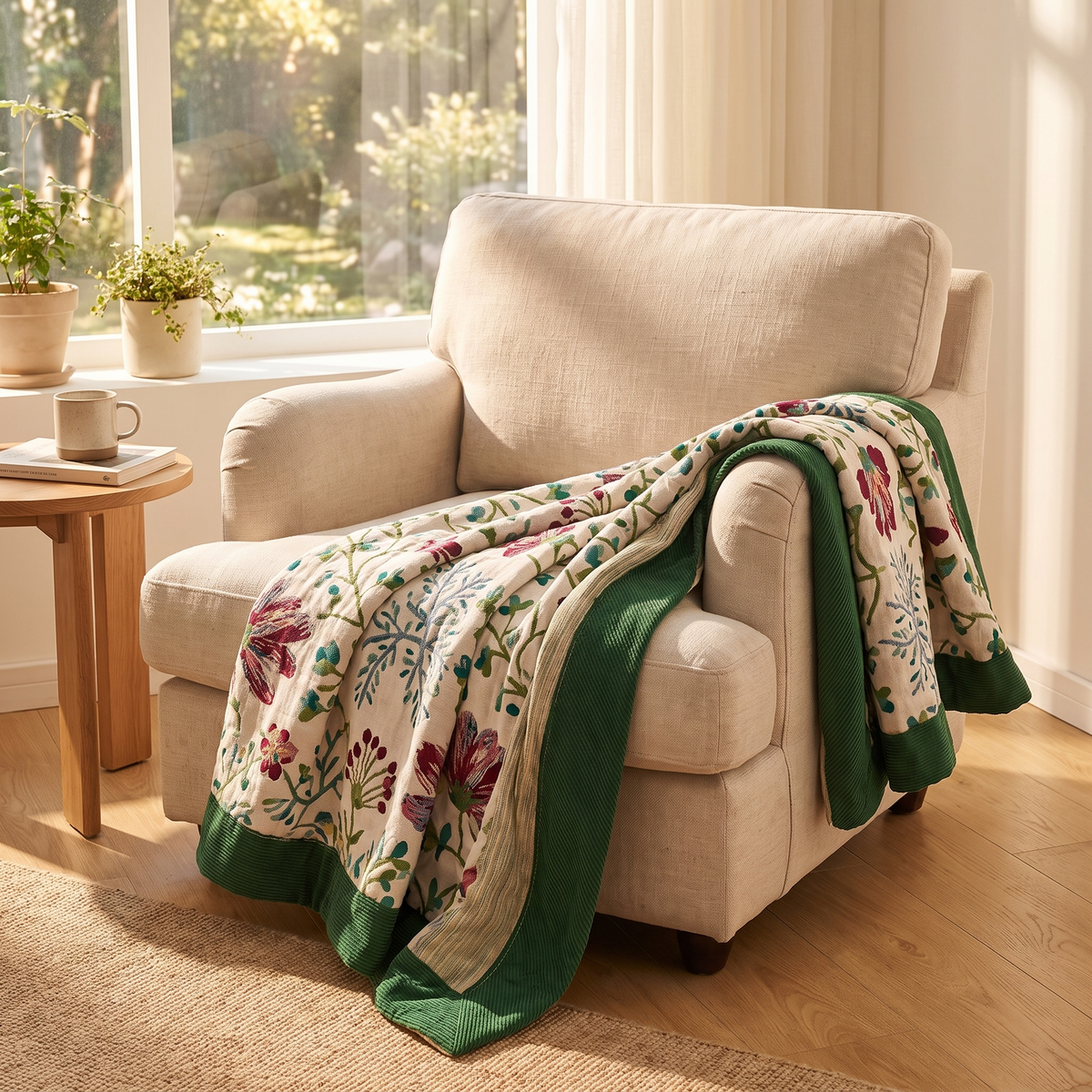 Wildflower Cotton Throw Blanket – draped over an armchair