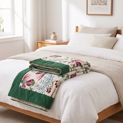 Wildflower Cotton Throw Blanket – folded on a bed