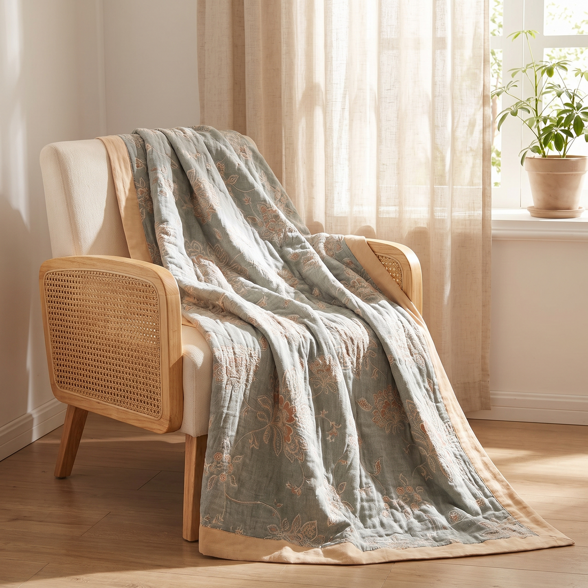 Floral Dream Cotton Throw Blanket – draped over an armchair