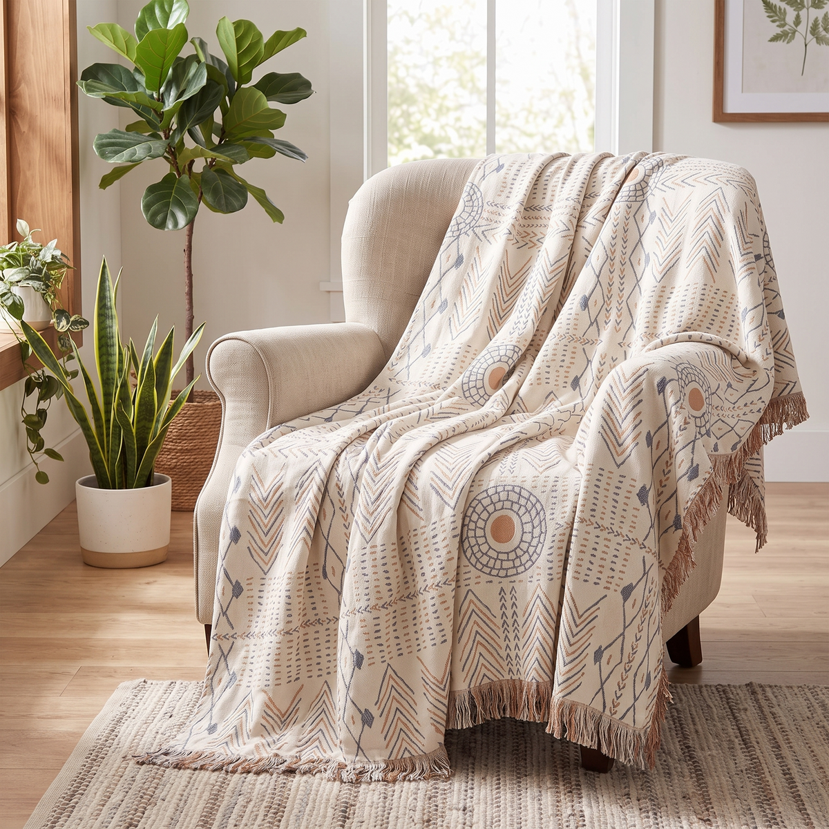 Reversible Chic Cotton Throw Blanket – draped over an armchair