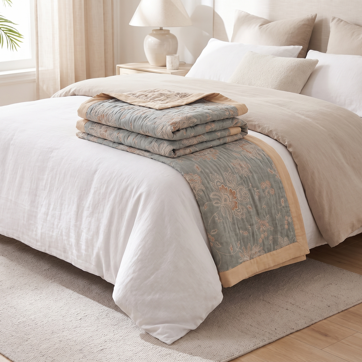 Floral Dream Cotton Throw Blanket – folded on a bed