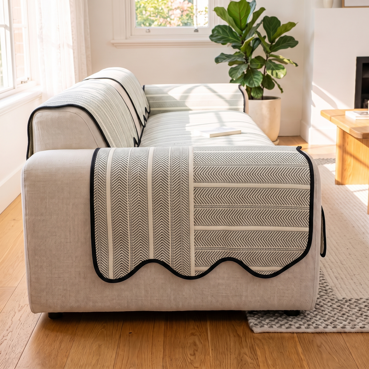 Herringbone Scallop Edge Couch Cover – three-quarter view showing fit