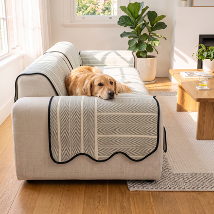 Herringbone Scallop Edge Couch Cover – with a dog on the sofa