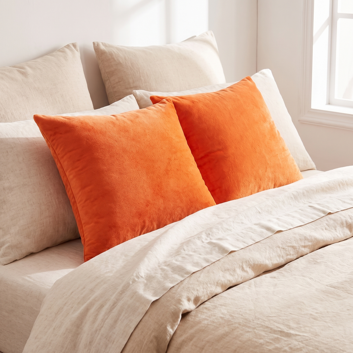 Luxe Velvet Cushion Cover – Burnt Orange – styled on a bed