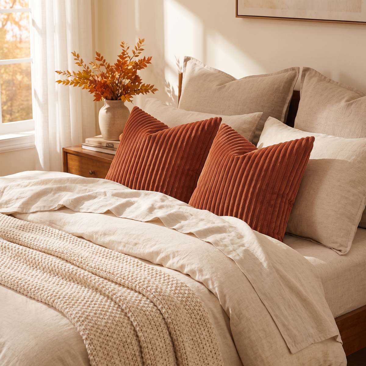 Fluffy Striped Flannel Cushion Cover – Rust – styled on a bed