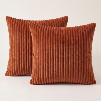 Fluffy Striped Flannel Cushion Cover – Rust – all designs side by side