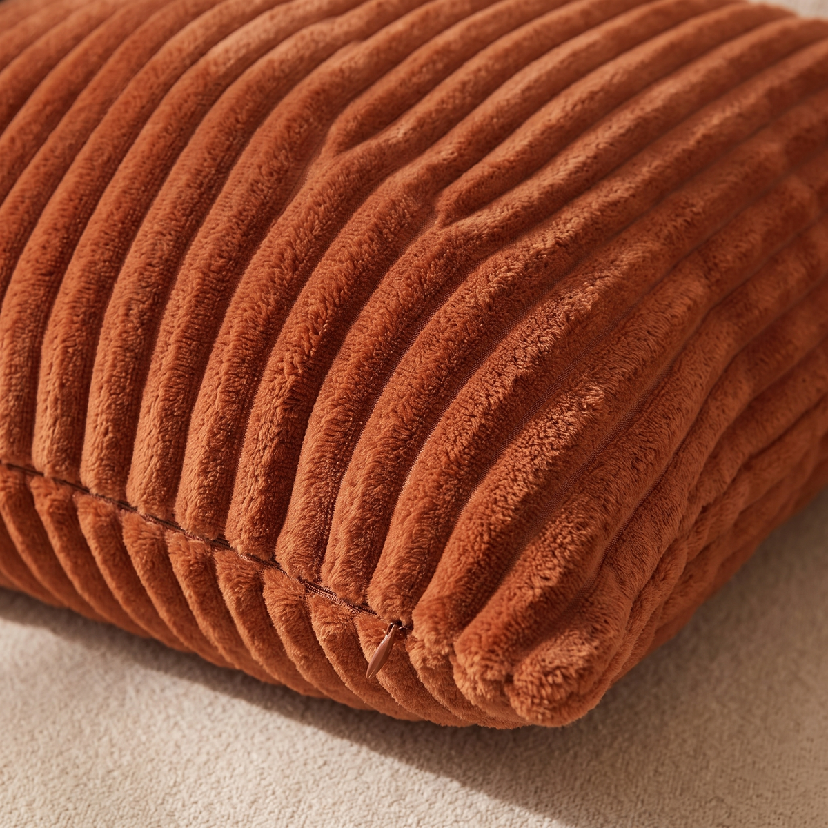 Fluffy Striped Flannel Cushion Cover – Rust – print close-up