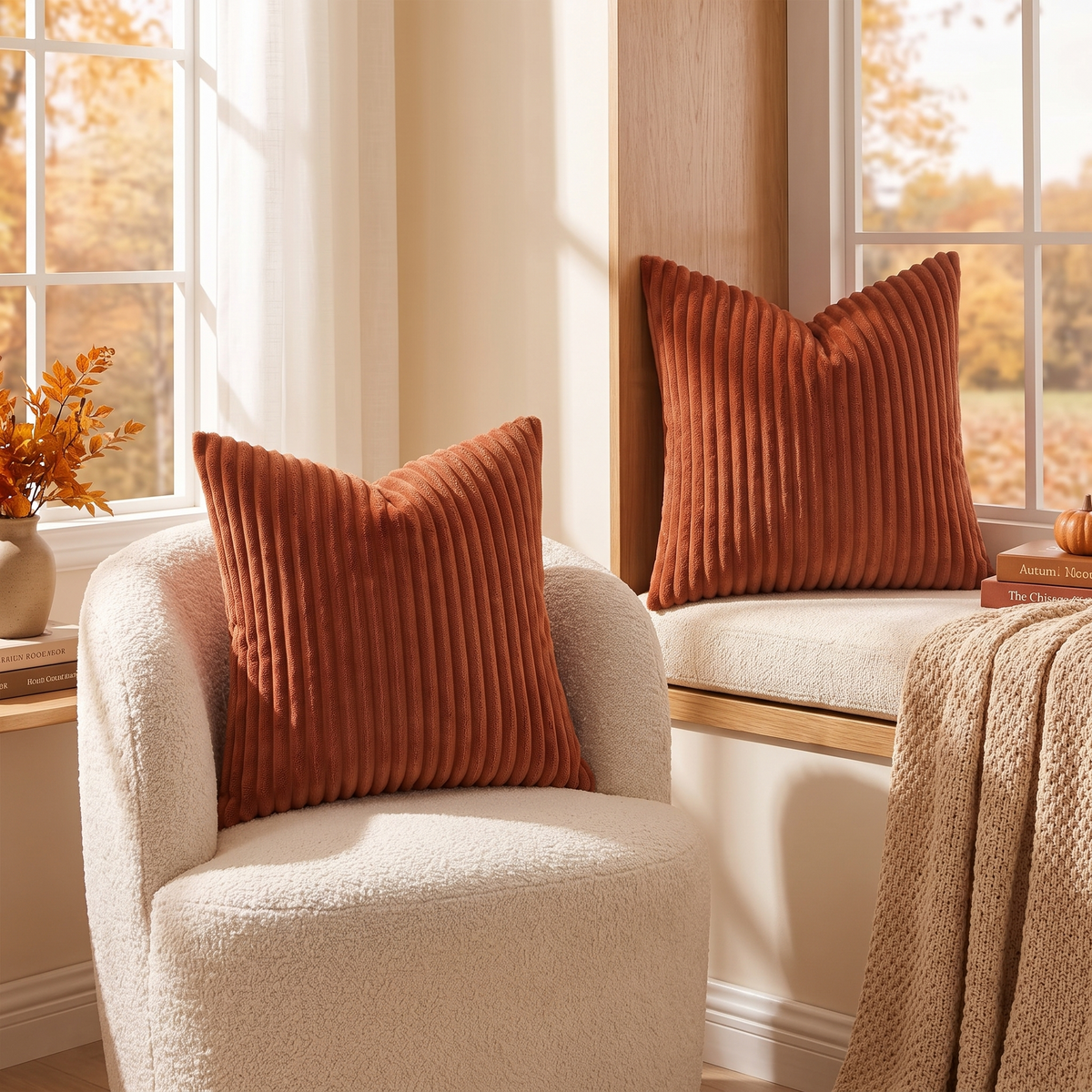 Fluffy Striped Flannel Cushion Cover – Rust – styled on an armchair