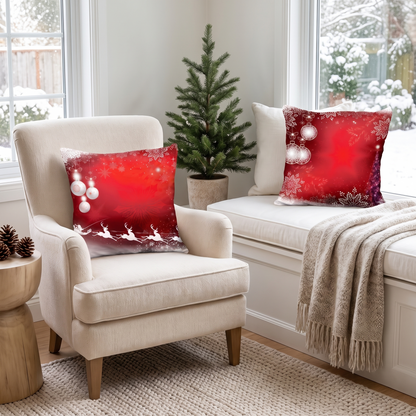 Red Snowflake & Bauble Christmas Cushion Covers – Set of 4 – styled on an armchair