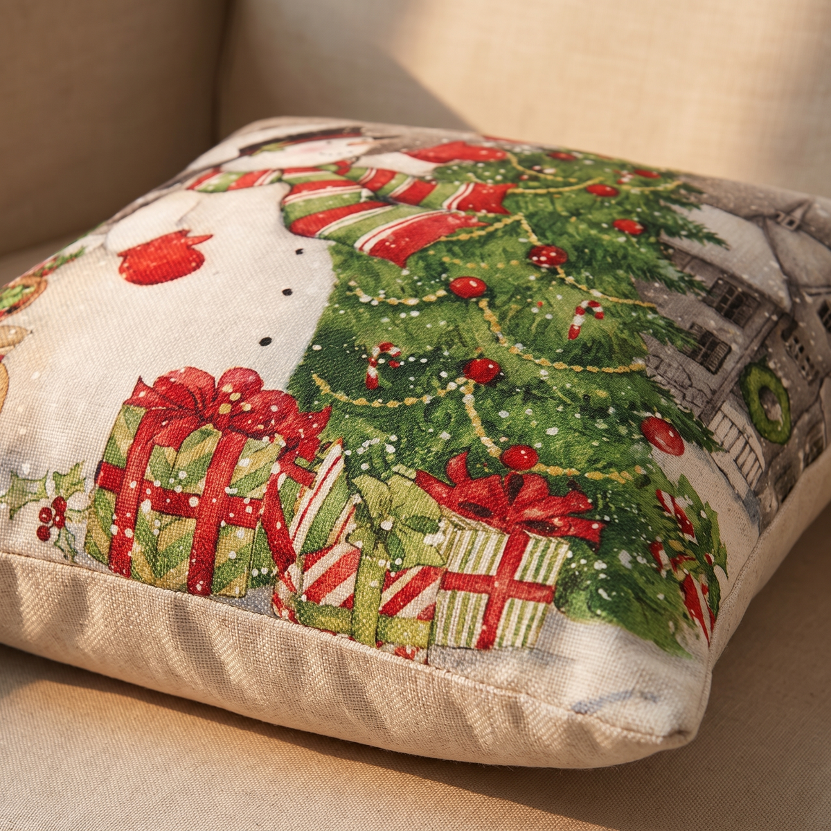 Linen Snowman Christmas Cushion Covers – Set of 4 – print close-up
