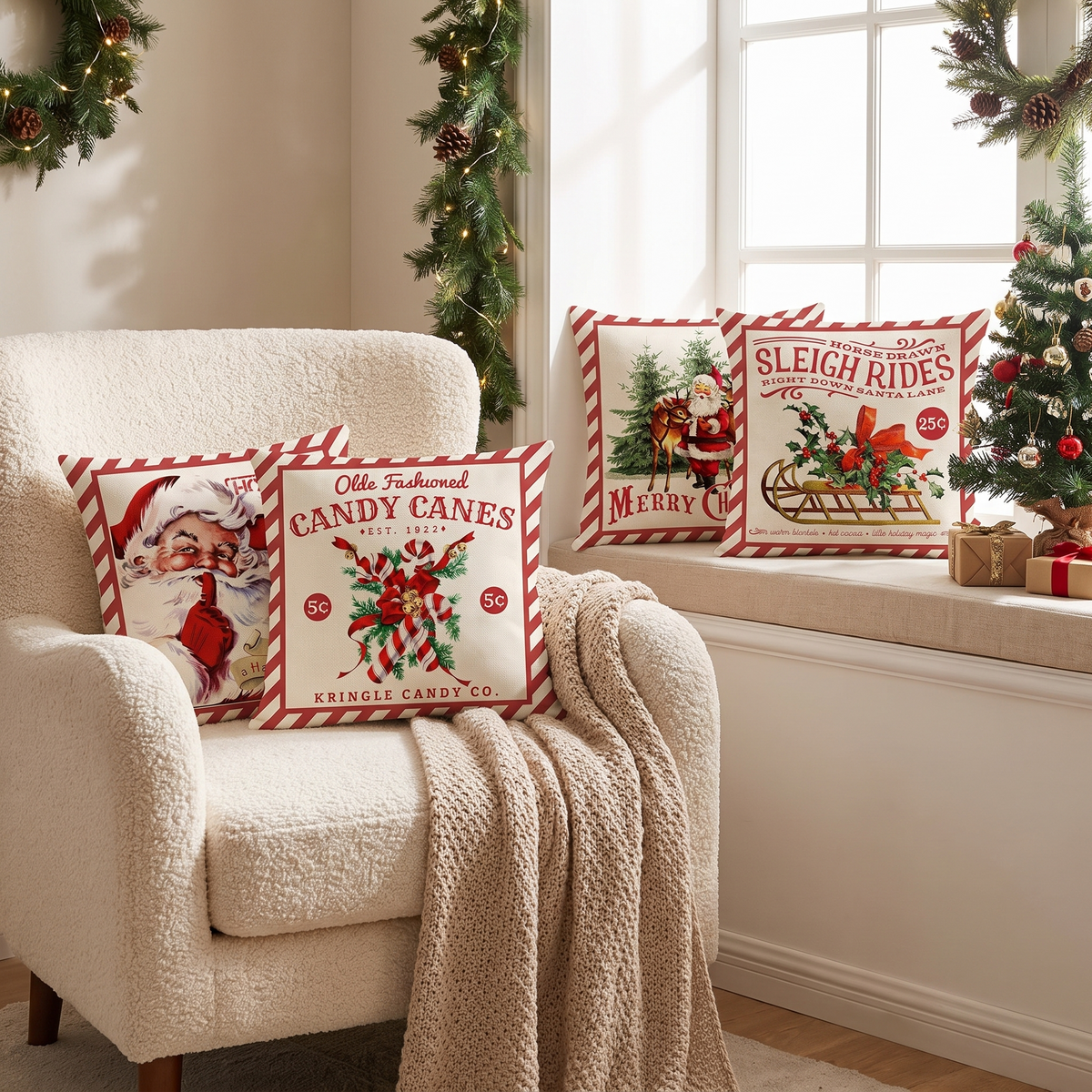 Vintage Red Christmas Cushion Covers – Set of 4 – styled on an armchair