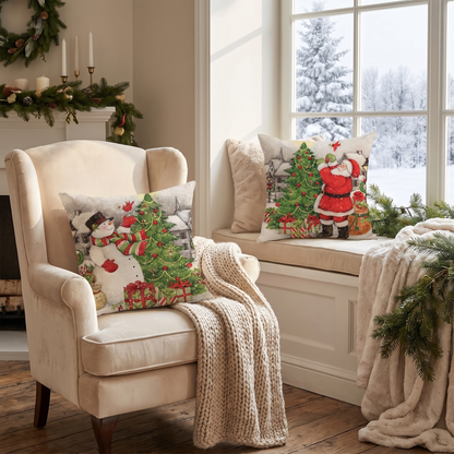 Linen Snowman Christmas Cushion Covers – Set of 4 – styled on an armchair