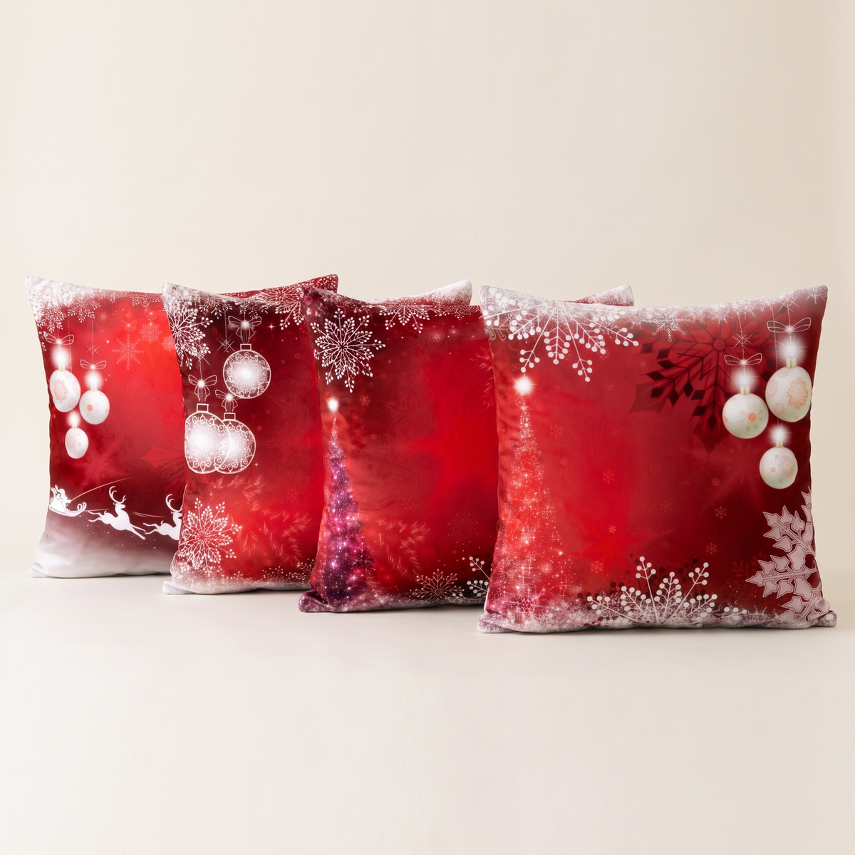 Red Snowflake & Bauble Christmas Cushion Covers – Set of 4 – all designs side by side