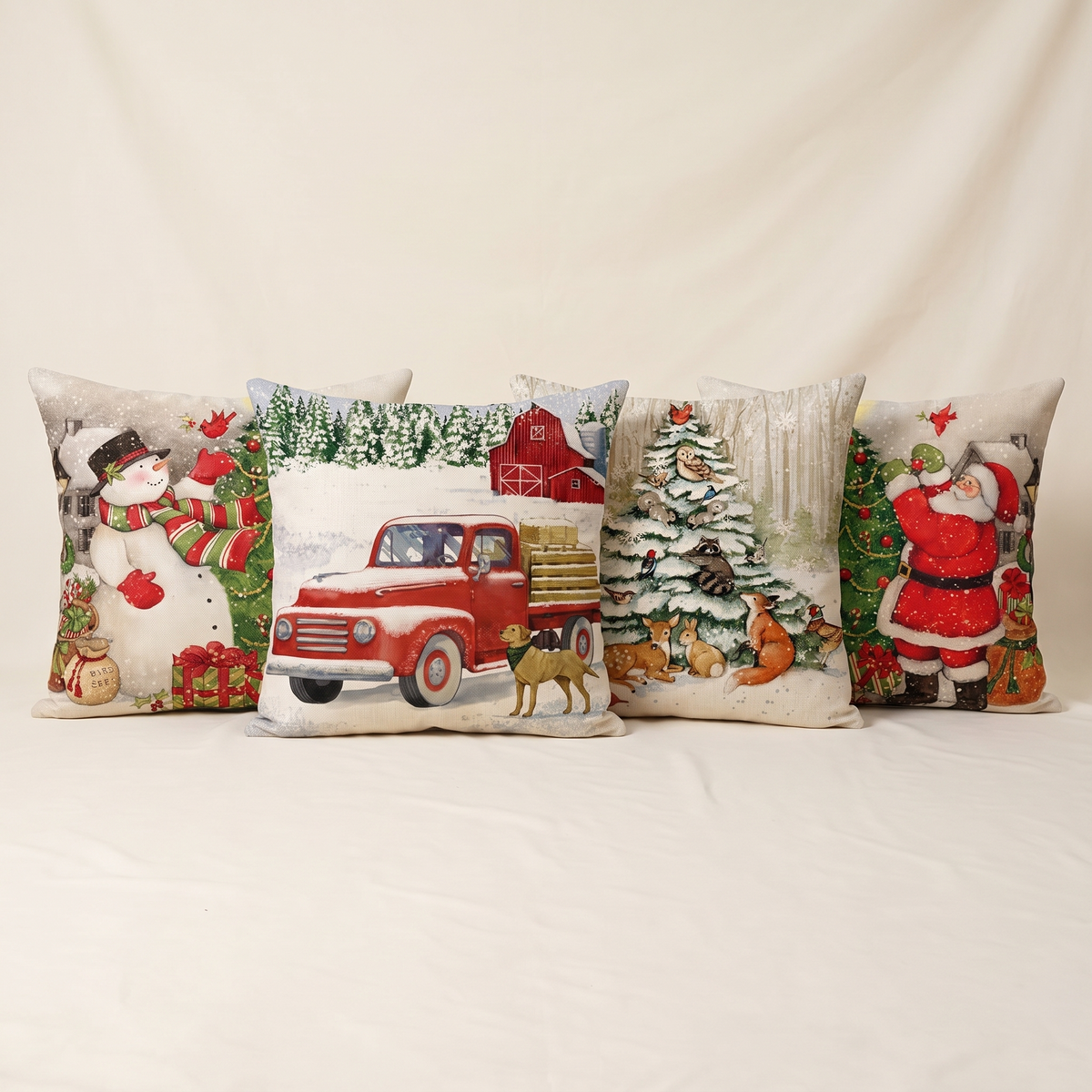Linen Snowman Christmas Cushion Covers – Set of 4 – all designs side by side