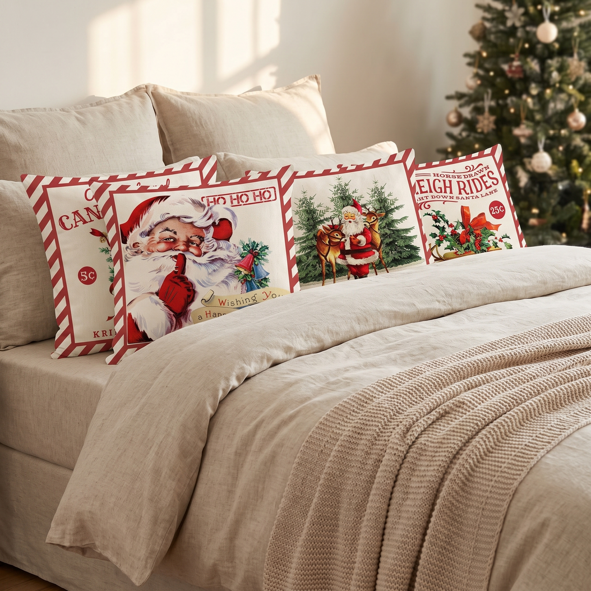 Vintage Red Christmas Cushion Covers – Set of 4 – styled on a bed