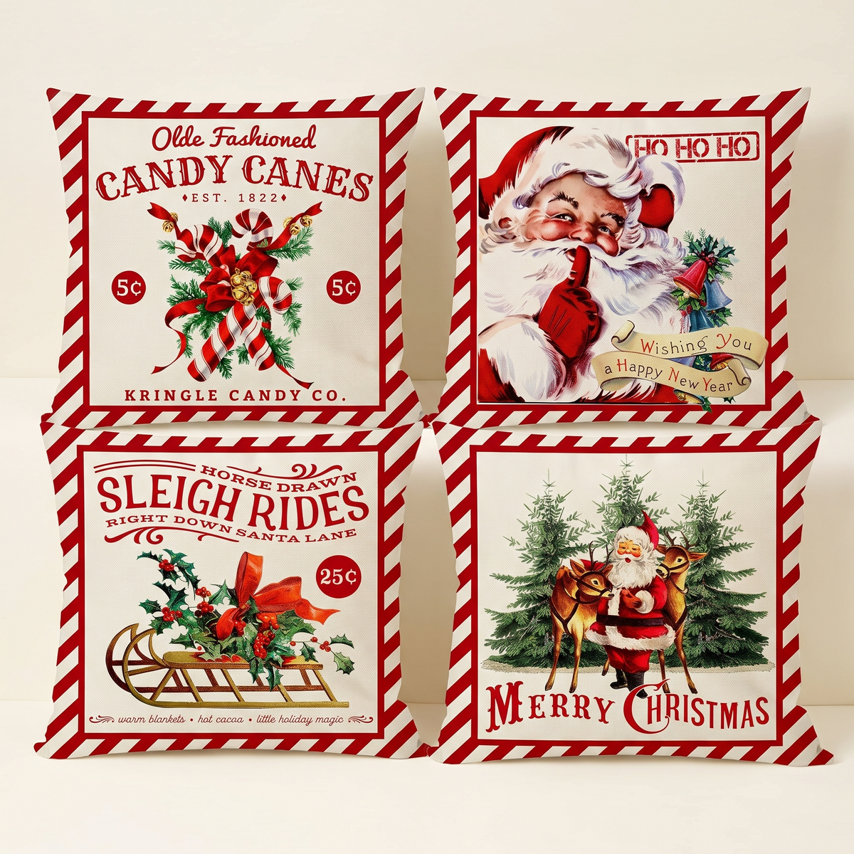 Vintage Red Christmas Cushion Covers – Set of 4 – all designs side by side