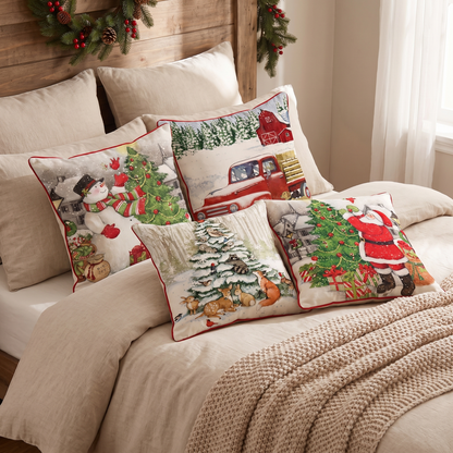 Linen Snowman Christmas Cushion Covers – Set of 4 – styled on a bed