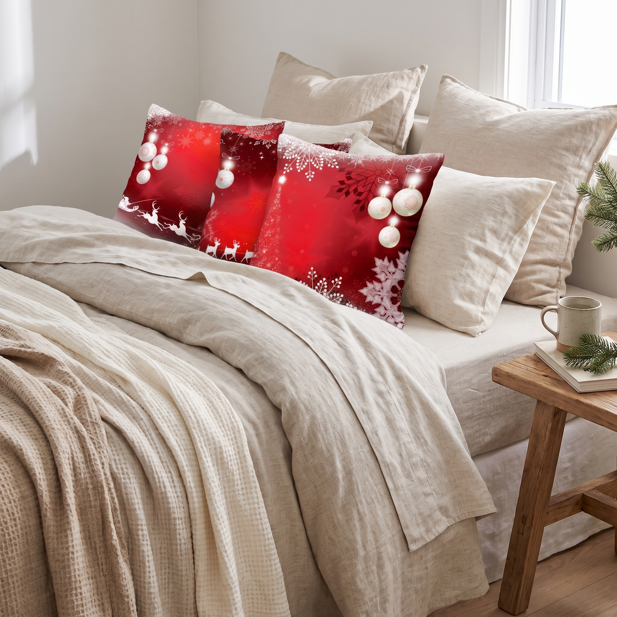 Red Snowflake & Bauble Christmas Cushion Covers – Set of 4 – styled on a bed