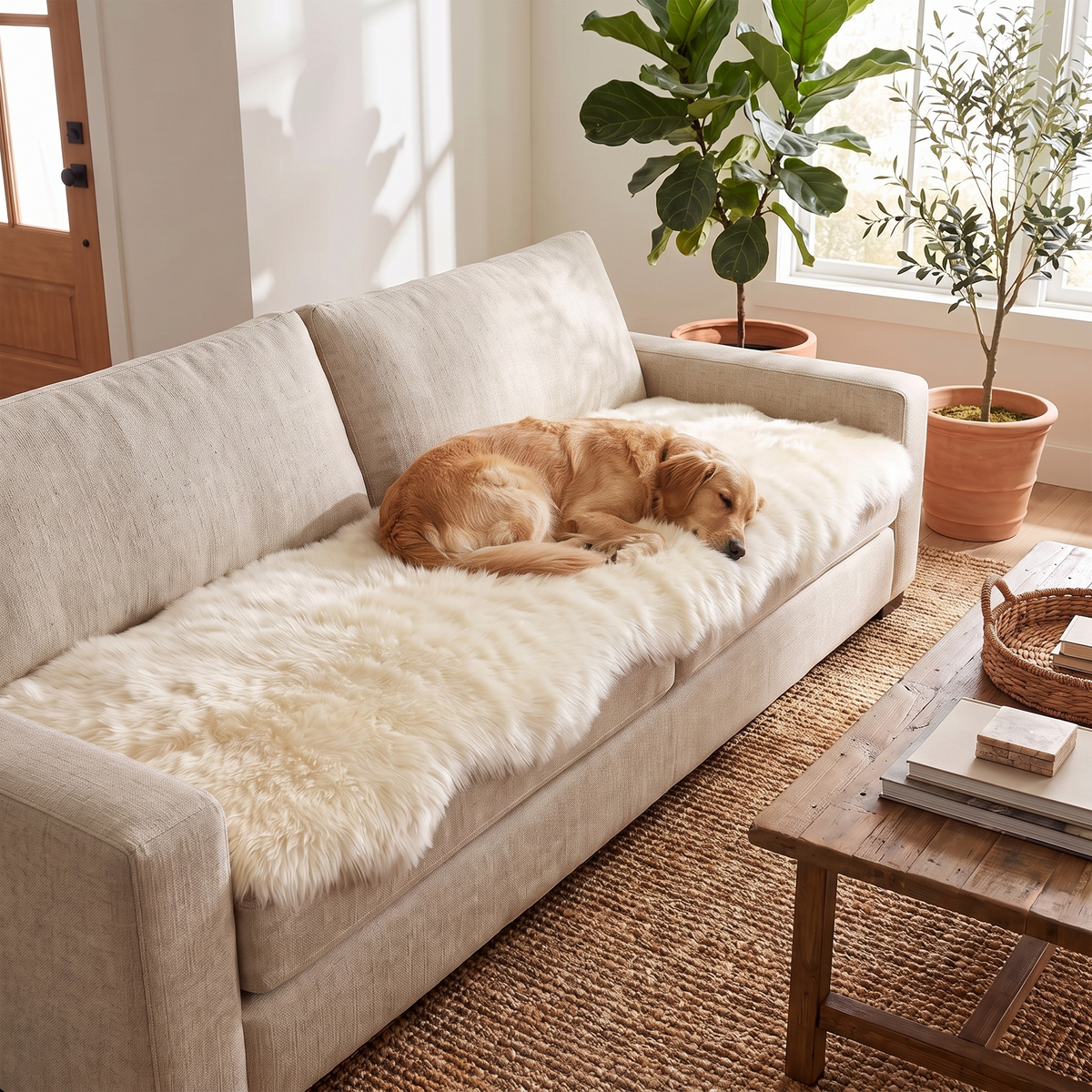Faux Fur Plush Couch Cover – with a dog on the sofa