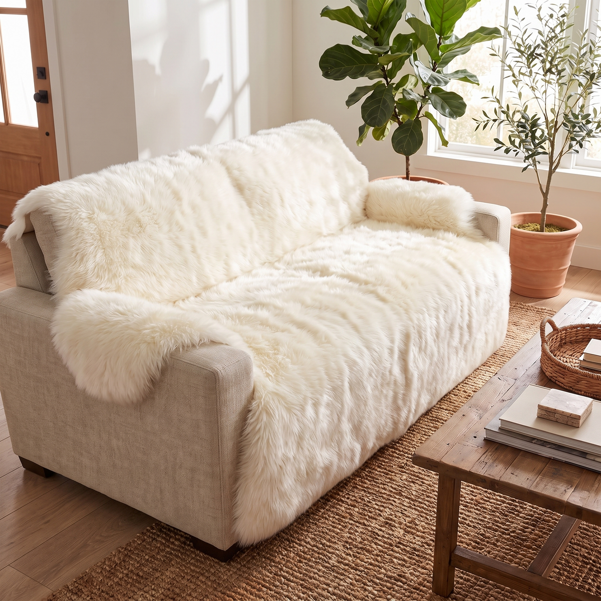 Faux Fur Plush Couch Cover – three-quarter view showing fit
